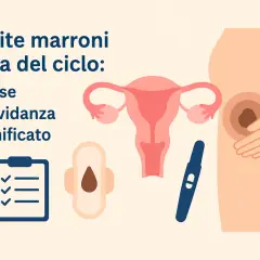 Illustration of uterus, pregnancy test, pad with brown spot, checklist, and pregnant belly.