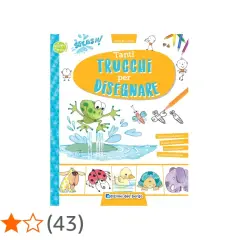 Copertina di un libro con disegni facili per bambini: una rana salta nell'acqua, insetti e animali simpatici.