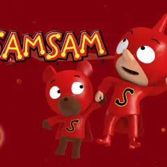 I due supereroi Samsam e SamSam, con mantello rosso e la lettera S sul petto, pronti all'avventura.