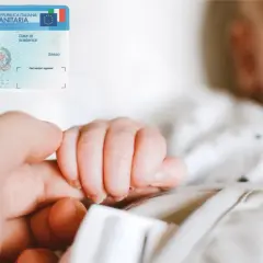 La tessera sanitaria con il codice fiscale di un neonato, tenuta dalla mano di un adulto.