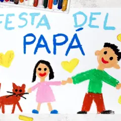 Disegno per la Festa del Papà: un papà, una bambina e un gatto, con cuori gialli. Perfetto per lavoretti per la festa del papà facili e creativi.