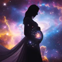 Silhouette di donna incinta con feto cosmico nel ventre, su sfondo di nebulose e stelle. Un sogno di essere incinta.
