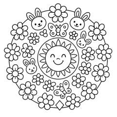 Mandala da colorare con sole sorridente, coniglietti, farfalle e fiori. Un disegno primaverile per stimolare la creatività.