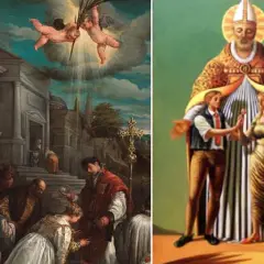 Un dipinto mostra San Valentino che benedice una coppia, mentre un altro narra la storia di San Valentino per bambini con angeli e una folla.