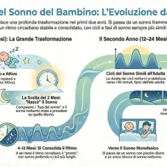 Il viaggio del sonno del neonato di 4 mesi: da sonno polifasico e attivo a 0-2 mesi, si consolida il ritmo tra 4-12 mesi, verso cicli simili all'adulto e meno risvegli notturni nel secondo anno.
