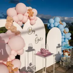 Decorazioni per baby shower: palloncini rosa e azzurri, orsetti e la domanda "Boy or Girl?".