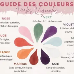 Guida ai colori delle perdite vaginali: rosa, rosso, arancione, marrone, nero, bianco, grigio, viola, verde. Ogni colore indica diverse condizioni, non solo false mestruazioni.
