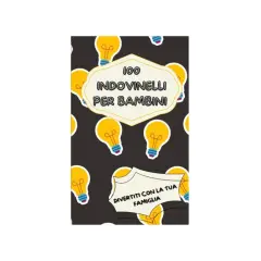 Copertina di "100 indovinelli con risposta per bambini", con lampadine gialle su sfondo scuro. Divertimento in famiglia assicurato!