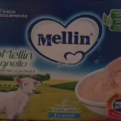 Confezione di Mellin Agnello, liofilizzato di carne per lo svezzamento, con un agnellino e una ciotola di pappa.