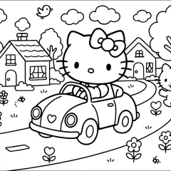 Disegni per bambini: Hello Kitty guida un'auto con un coniglietto e un altro gattino in un paesaggio con case e fiori.