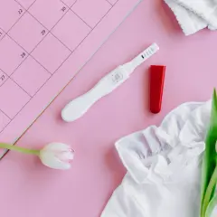 Test di gravidanza, tulipani e un calendario rosa. Un promemoria di attesa, sperando che il corpo luteo non si riassorba.
