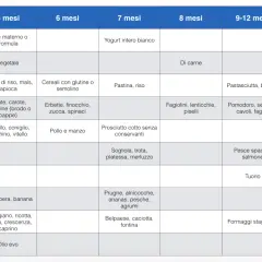 Schema svezzamento 7 mesi: yogurt, pastina, riso, prosciutto cotto, sogliola, trota, platessa, merluzzo, prugne, albicocche, ananas, pesche, agrumi, belpaese, caciotta, fontina.