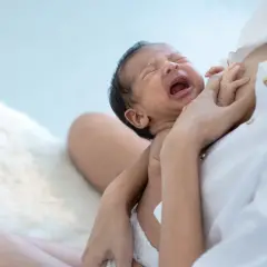 Bambino piange disperato, ma la mamma lo consola. Se non mangia la pappa gli do il latte.