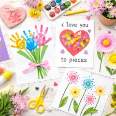 Ecco alcuni disegni per la festa della mamma facili: un bouquet di mani colorate, un cuore con coriandoli e fiori di carta.