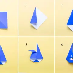 Tutorial origami: crea un coniglietto con lavoretti per bambini di 7-8 anni. Passaggi 1-6 mostrano come piegare la carta.