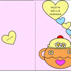 Biglietto festa della mamma da stampare con teiera decorata e cuori colorati. Auguri!