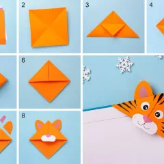 Tutorial per lavoretti con la carta facilissimi: crea un segnalibro tigre con origami. Passaggi illustrati per piegare la carta e assemblare il muso.
