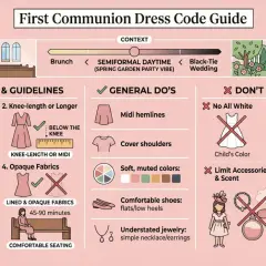Guida al dress code per le immagini prima comunione: coprire spalle, abiti al ginocchio o midi, tessuti opachi. Evitare bianco, scollature profonde e abiti troppo appariscenti.