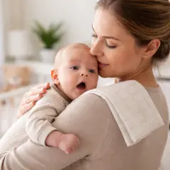 Mamma abbraccia il suo neonato, cercando di capire come far passare il singhiozzo. Il piccolo ha gli occhi spalancati e la bocca aperta.
