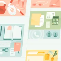 Un collage di icone che rappresentano fitness, lavoro d'ufficio, nuoto e cucina. Un promemoria visivo per uno stile di vita equilibrato, forse ispirato al metodo Ogino Knaus.