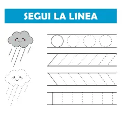 Schede prescrittura per bambini di 5 anni: segui la linea per disegnare le gocce di pioggia e le forme.