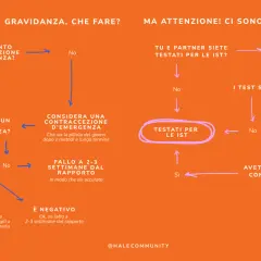 Diagramma di flusso su rischio gravidanza. Se hai avuto un rapporto non protetto, fai un test. Se positivo, consulta un medico. Se negativo, ok.