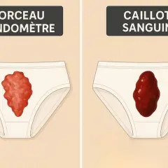 Due slip bianchi mostrano perdite mestruali: uno con un grumo di tessuto endometriale, l'altro con un coagulo sanguigno.