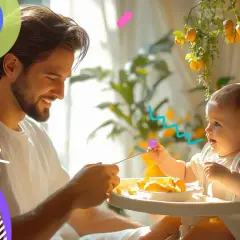 Padre sorridente nutre un neonato di 10 mesi seduto sul seggiolone, con cibo sul vassoio.