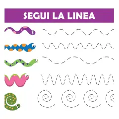 Esercizio di pregrafismo scuola infanzia: vermi colorati da far seguire a linee tratteggiate di varie forme.