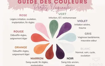 Guida ai colori delle perdite vaginali: rosa, rosso, arancione, marrone, nero, bianco, grigio, viola, verde. Ogni colore indica diverse condizioni, non solo false mestruazioni.