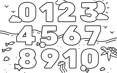Numeri da 0 a 10 con pesci, meduse e tartarughe marine. Perfetti disegni da colorare e stampare per imparare divertendosi.