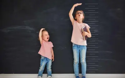 Due bambine misurano la loro altezza su una lavagna. Una, con un'espressione sorpresa, sembra avere l'altezza di un bambino di 2 anni.