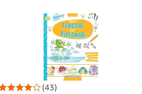 Copertina di un libro con disegni facili per bambini: una rana salta nell'acqua, insetti e animali simpatici.