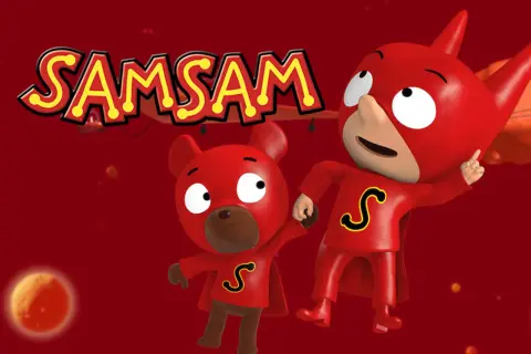 I due supereroi Samsam e SamSam, con mantello rosso e la lettera S sul petto, pronti all'avventura.