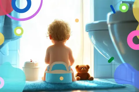 Bambino sul vasino, con orsacchiotto. Guida pratica su spannolinamento come fare, con consigli e supporto.