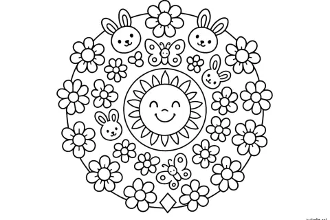 Mandala da colorare con sole sorridente, coniglietti, farfalle e fiori. Un disegno primaverile per stimolare la creatività.