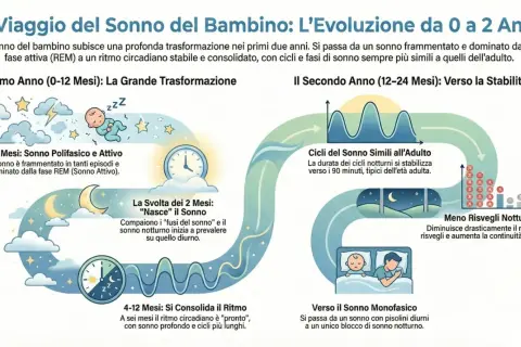 Il viaggio del sonno del neonato di 4 mesi: da sonno polifasico e attivo a 0-2 mesi, si consolida il ritmo tra 4-12 mesi, verso cicli simili all'adulto e meno risvegli notturni nel secondo anno.