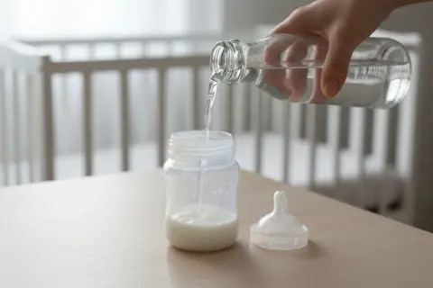 Preparazione del biberon con latte vaccino per bambini. Acqua versata da una bottiglia in un biberon con latte.
