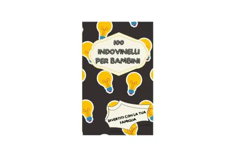 Copertina di "100 indovinelli con risposta per bambini", con lampadine gialle su sfondo scuro. Divertimento in famiglia assicurato!