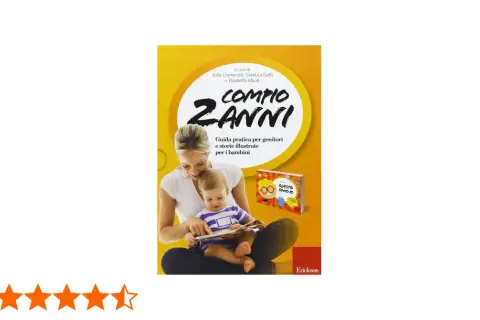 Mamma legge un libro a un bambino di 2 anni. La copertina del libro recita "Compio 2 anni", una guida per genitori e storie illustrate.