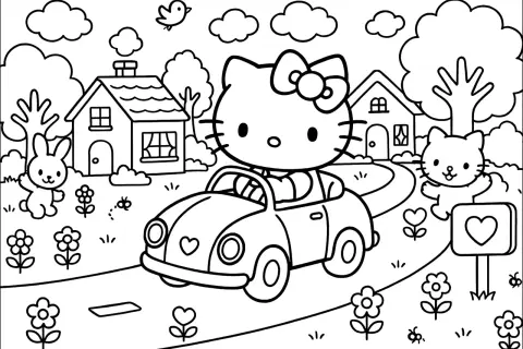 Disegni per bambini: Hello Kitty guida un'auto con un coniglietto e un altro gattino in un paesaggio con case e fiori.