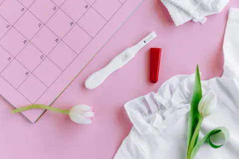 Test di gravidanza, tulipani e un calendario rosa. Un promemoria di attesa, sperando che il corpo luteo non si riassorba.