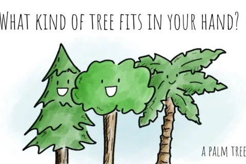 Tre alberi sorridenti, uno a forma di cono, uno tondo e una palma, con la scritta "Che albero sta nella tua mano?". Perfetto per barzellette per bambini.