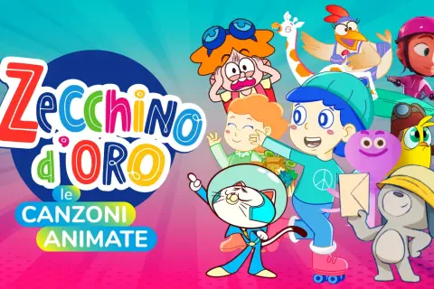 Personaggi colorati e animali animati festeggiano con il logo "Zecchino d'Oro le Canzoni Animate", perfetto per le canzoni di Pasqua per bambini Zecchino d'Oro.