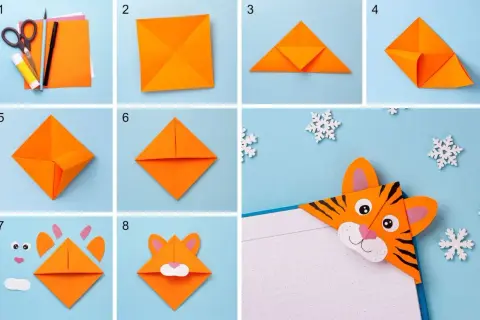 Tutorial per lavoretti con la carta facilissimi: crea un segnalibro tigre con origami. Passaggi illustrati per piegare la carta e assemblare il muso.