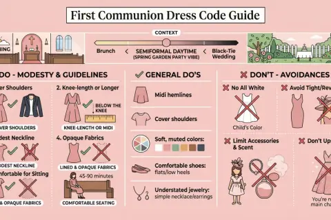 Guida al dress code per le immagini prima comunione: coprire spalle, abiti al ginocchio o midi, tessuti opachi. Evitare bianco, scollature profonde e abiti troppo appariscenti.