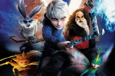 Characters from Rise of the Guardians: Jack Frost, North, Bunny, Tooth Fairy, and Sandy.