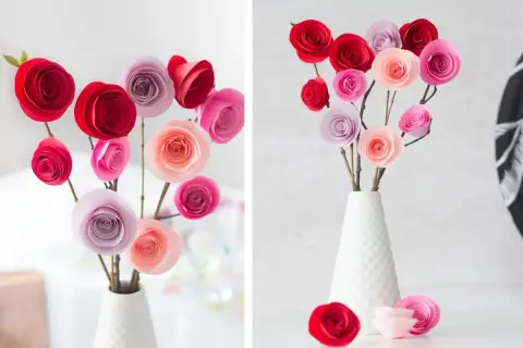 Un bellissimo lavoretto festa mamma: rose di carta rosse, rosa e lilla in un vaso bianco.