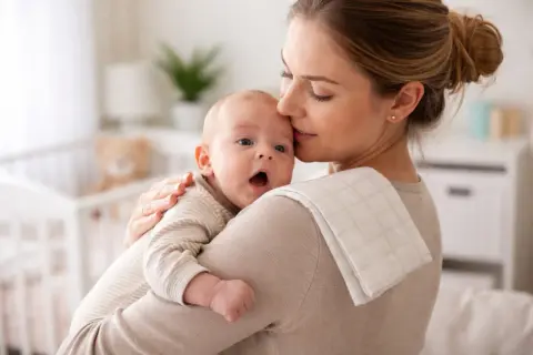 Mamma abbraccia il suo neonato, cercando di capire come far passare il singhiozzo. Il piccolo ha gli occhi spalancati e la bocca aperta.