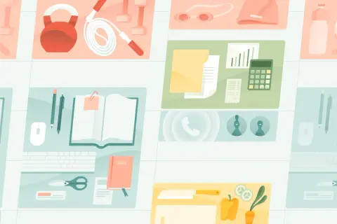 Un collage di icone che rappresentano fitness, lavoro d'ufficio, nuoto e cucina. Un promemoria visivo per uno stile di vita equilibrato, forse ispirato al metodo Ogino Knaus.